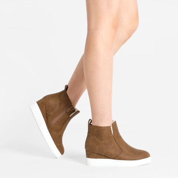 Hidden Heel Platform Wedge Booties - TAN PU - 1